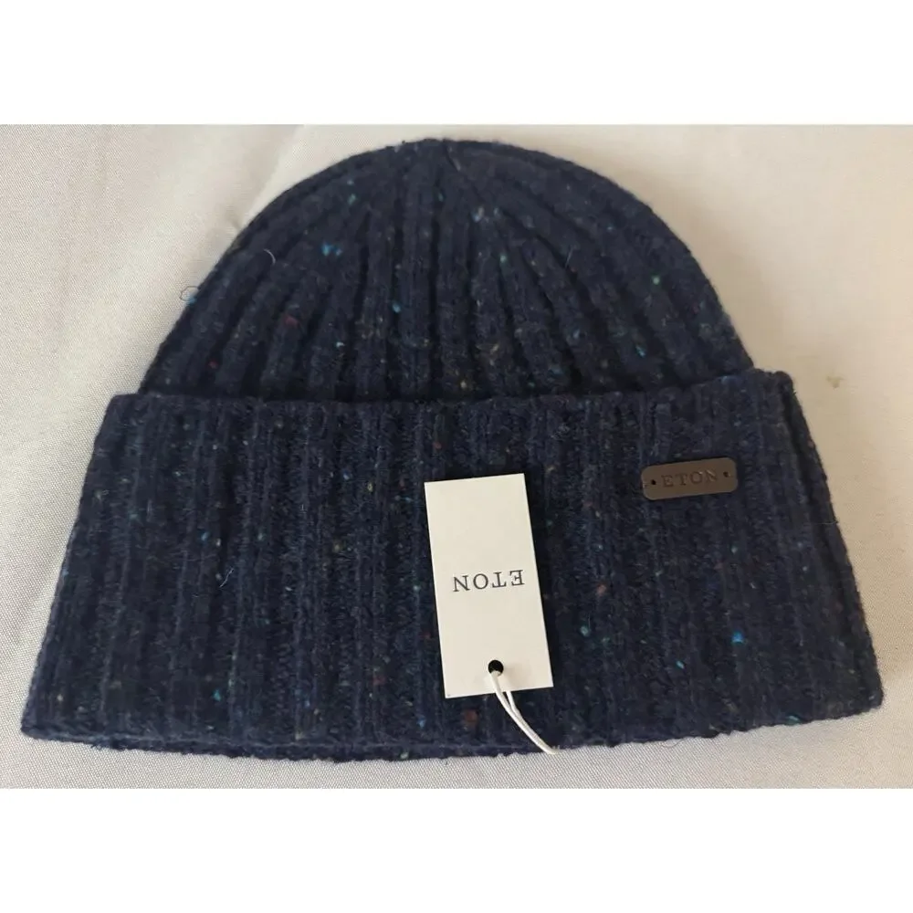 NWT Eton Navy Blue Donegal Leather Logo Patch Wool Beanie $150.00 *2026 Style*